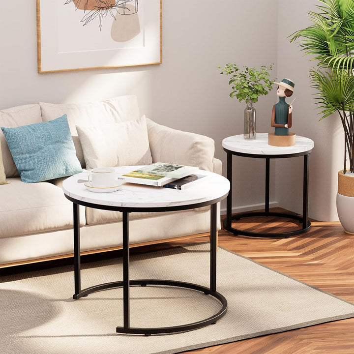 Elegant Round Nesting Coffee Table Set, Faux Marble Wooden Accent Tables, White