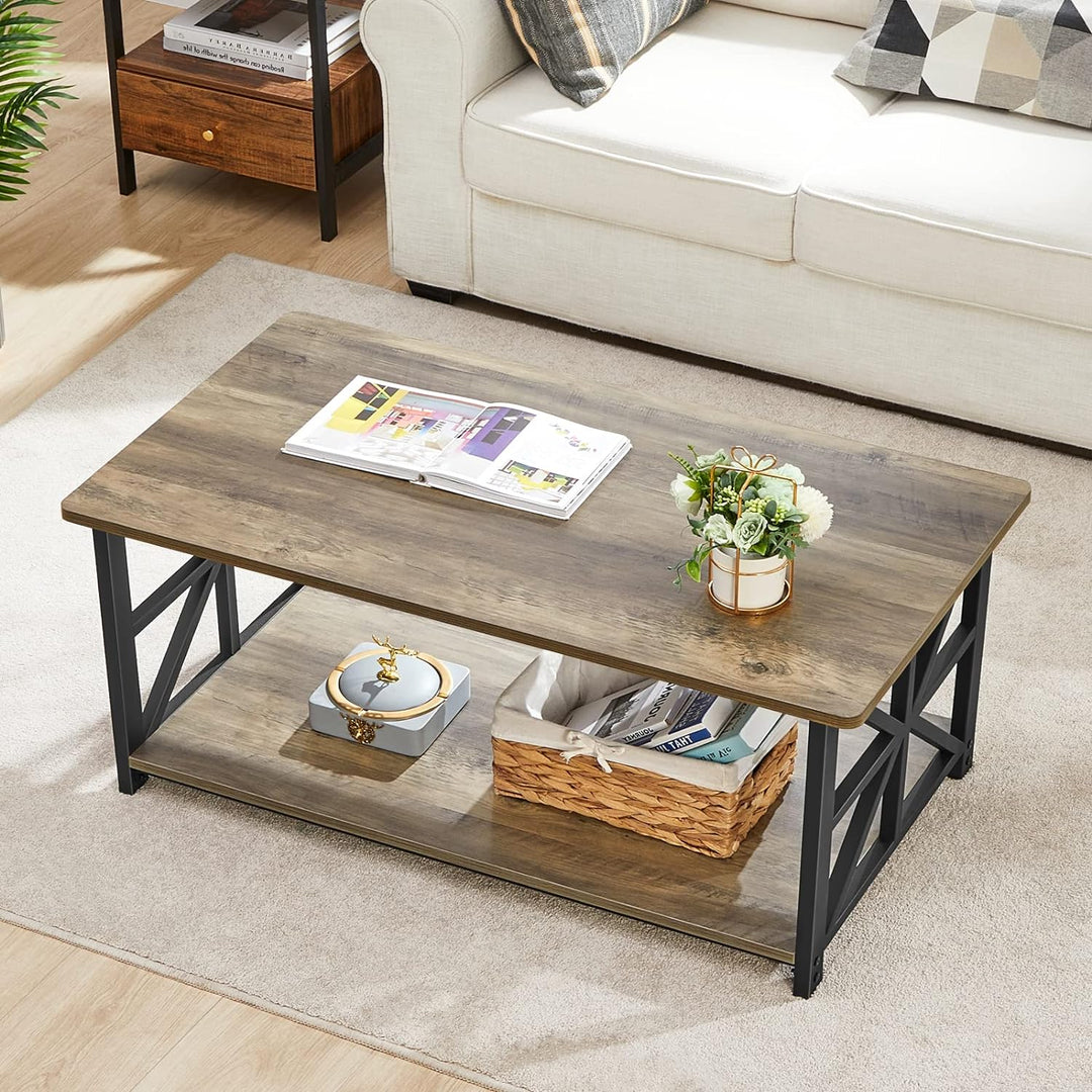 Farmhouse Coffee Table with Round Corners, Storage Shelf, Gray Wash