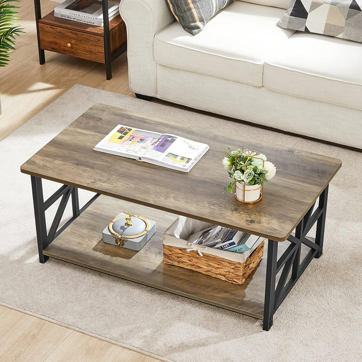 Farmhouse Coffee Table with Round Corners, Storage Shelf, Gray Wash