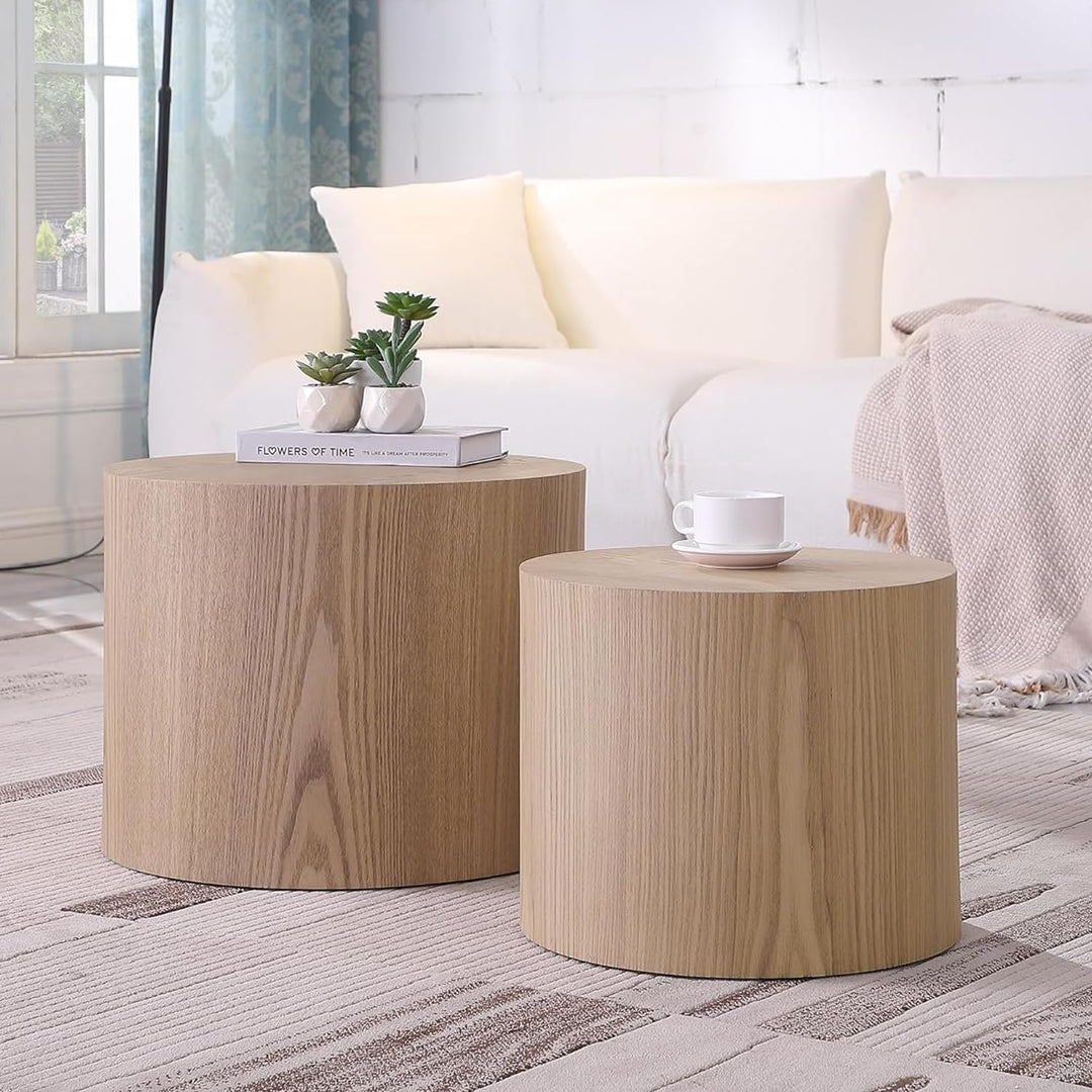 Modern Round Coffee Table Set, Wooden Circle Side Table, Round-oak