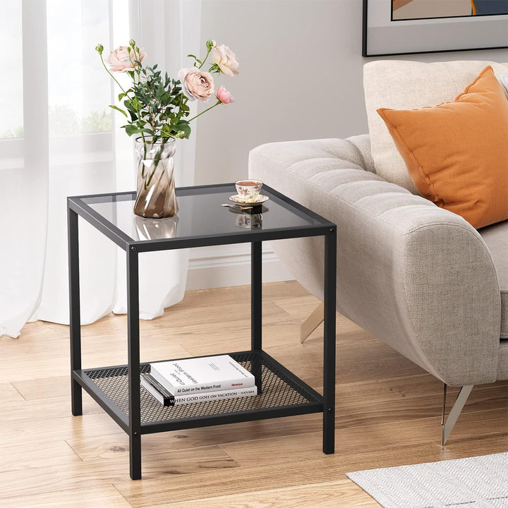 Small Glass End Table with Mesh Shelf, Modern Nightstand, Grey Black