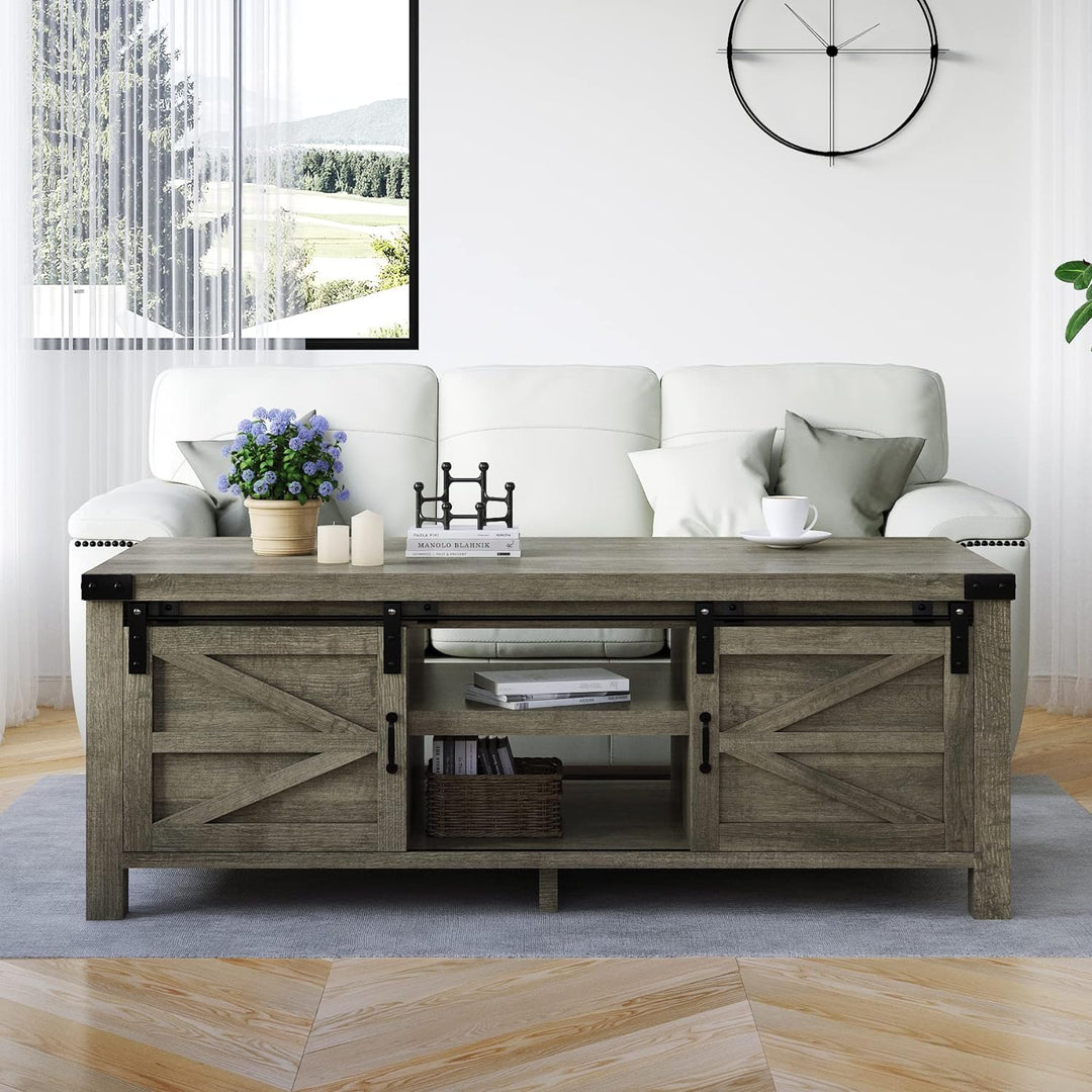 Farmhouse Coffee Table with Hidden Storage, Sliding Doors, Dark Grey