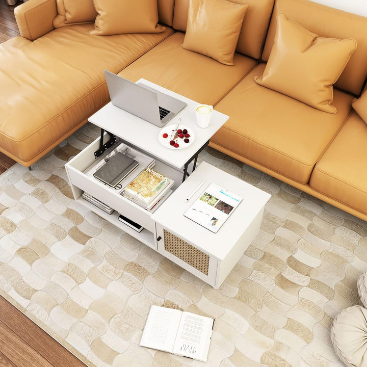 Versatile Lift-Top Coffee Table, Hidden Storage, Adjustable, White