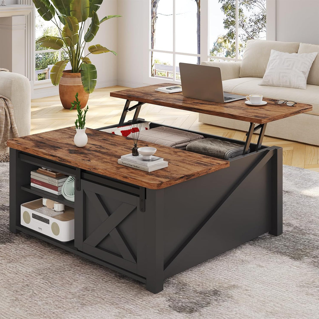 Lift Top Coffee Table with Hidden Storage, Adjustable Shelves, Black