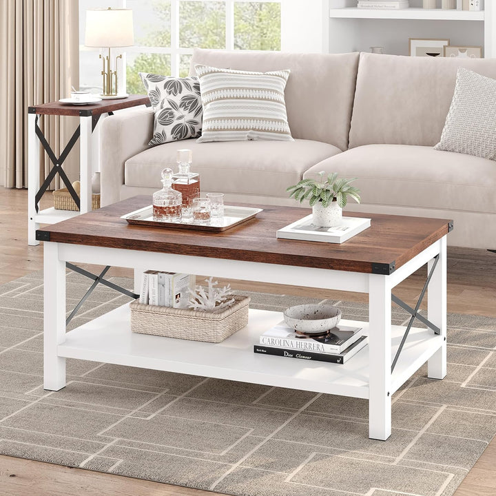 Rustic Farmhouse Coffee Table, 2-Tier Rectangular Center Table, White/Brown