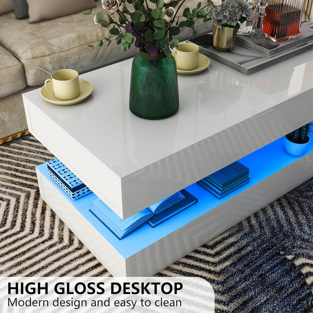 Deluxe 2-Tier LED Coffee Table, High-Gloss White, 16-Color Lights