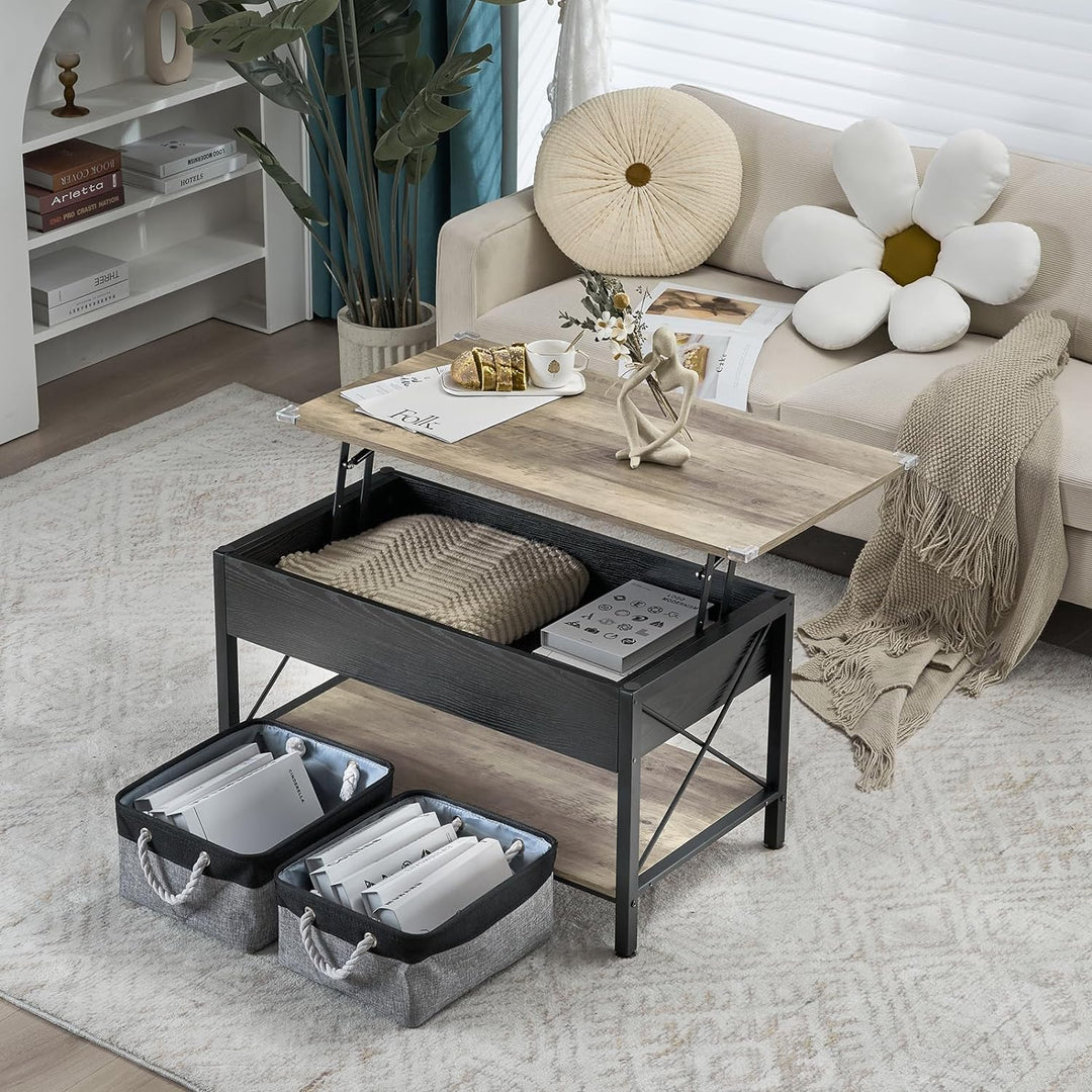 Rustic Farmhouse Grey Coffee Table with Lift Top, Storage Bins