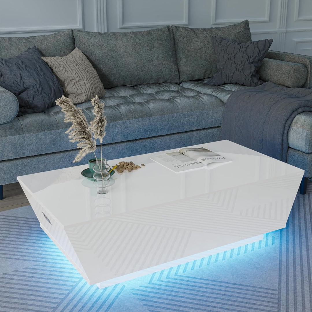 Cozy Castle Modern Coffee Table with LED Lights, High Gloss Storage, White