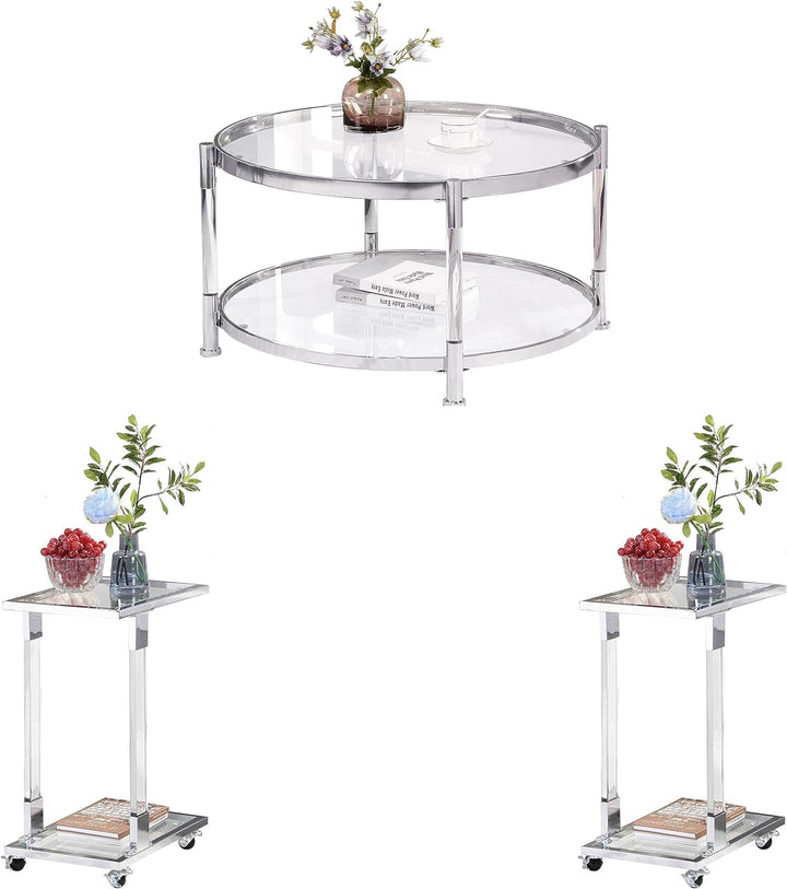 Tempered Glass Coffee Table Set, Modern Acrylic Legs, Circle