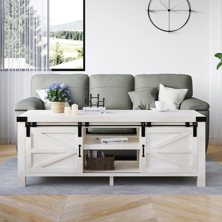 Farmhouse Coffee Table with Hidden Storage, Sliding Barn Doors, Wash White