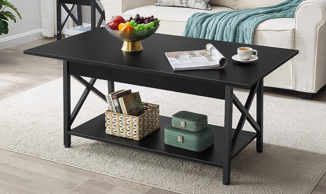 Elegant Coffee Table with Storage Shelf, Large Size, Black