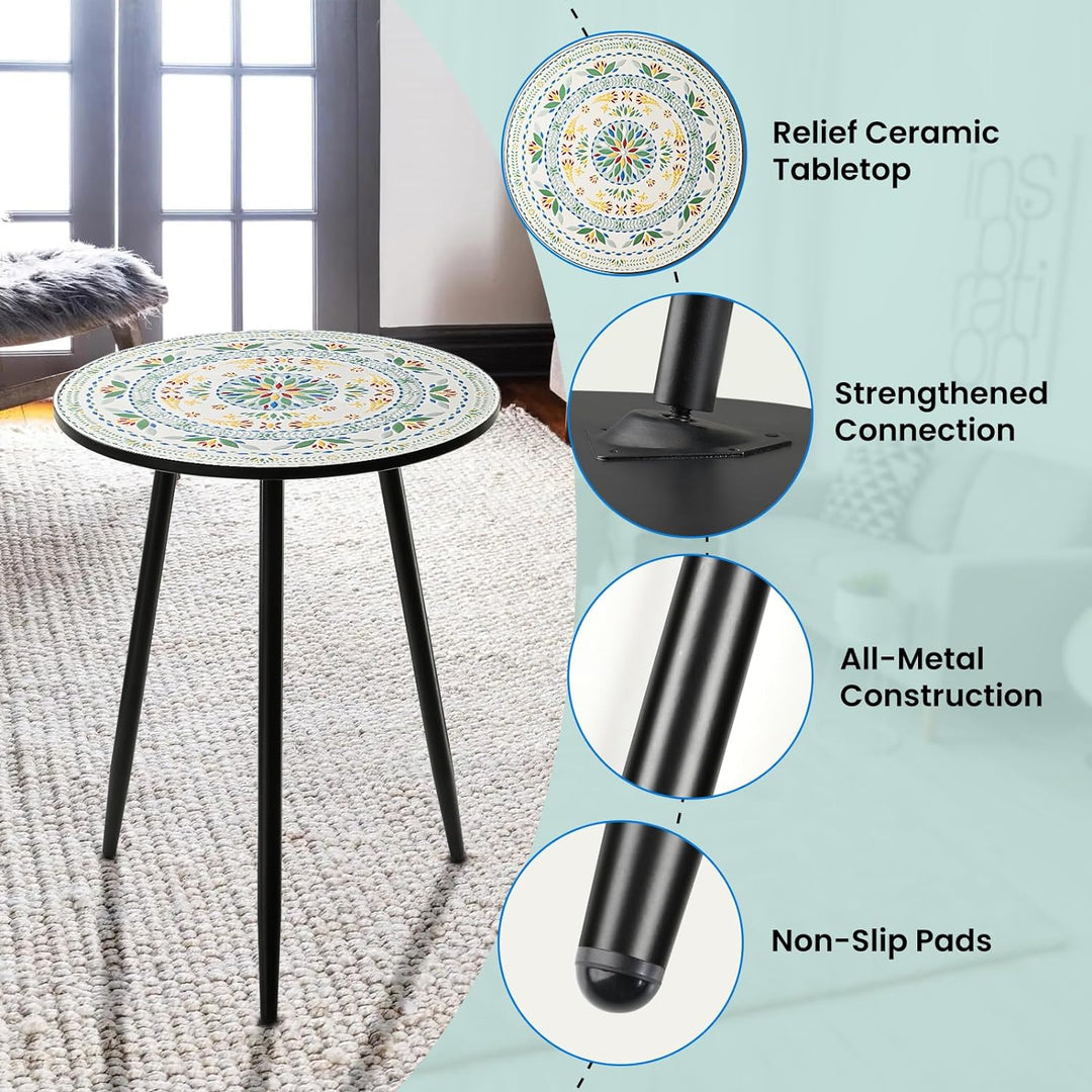 Round Side End Table, 16" Unique Relief Ceramic Tile Table Top with Metal Structure