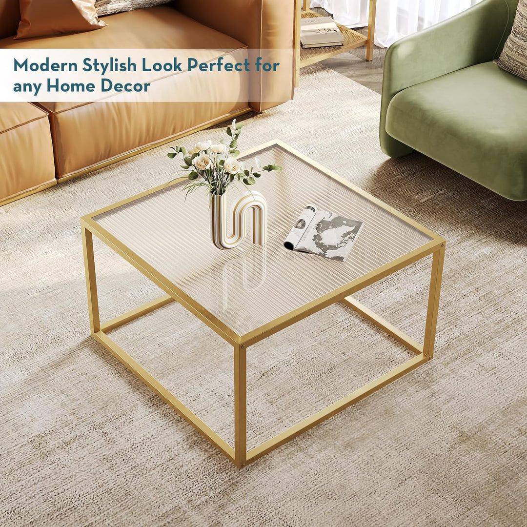 Modern Glass Coffee Table, Small Square, Unique Art Center Table, Gold