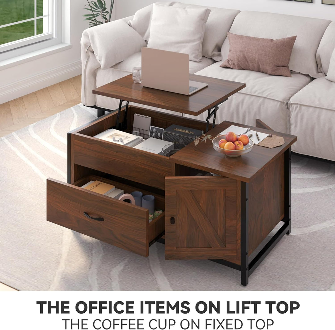 FABATO Lift Top Coffee Table w/ Storage Drawer, Barn Door Cabinet, Espresso