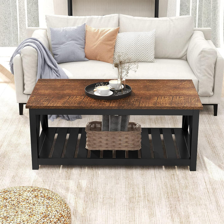 Rustic Vintage Coffee Table with Shelf, 40-Inch, Black