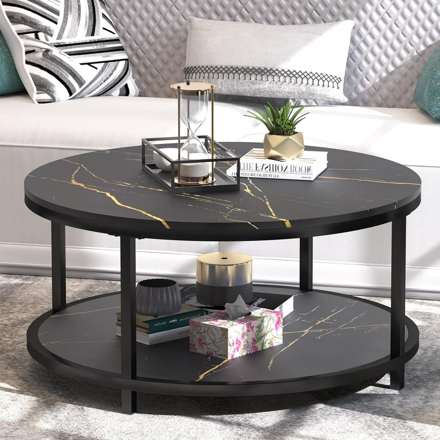 Faux Marble Top Round Coffee Table, Black