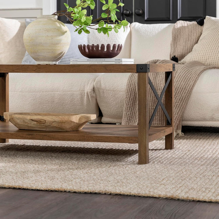 Sedalia Modern Farmhouse Metal X Coffee Table, Rustic Oak