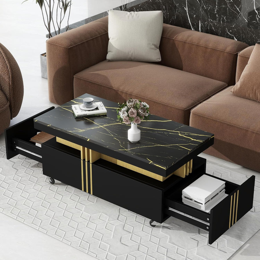 Polibi Contemporary Coffee Table with Faux Marble Top, Black