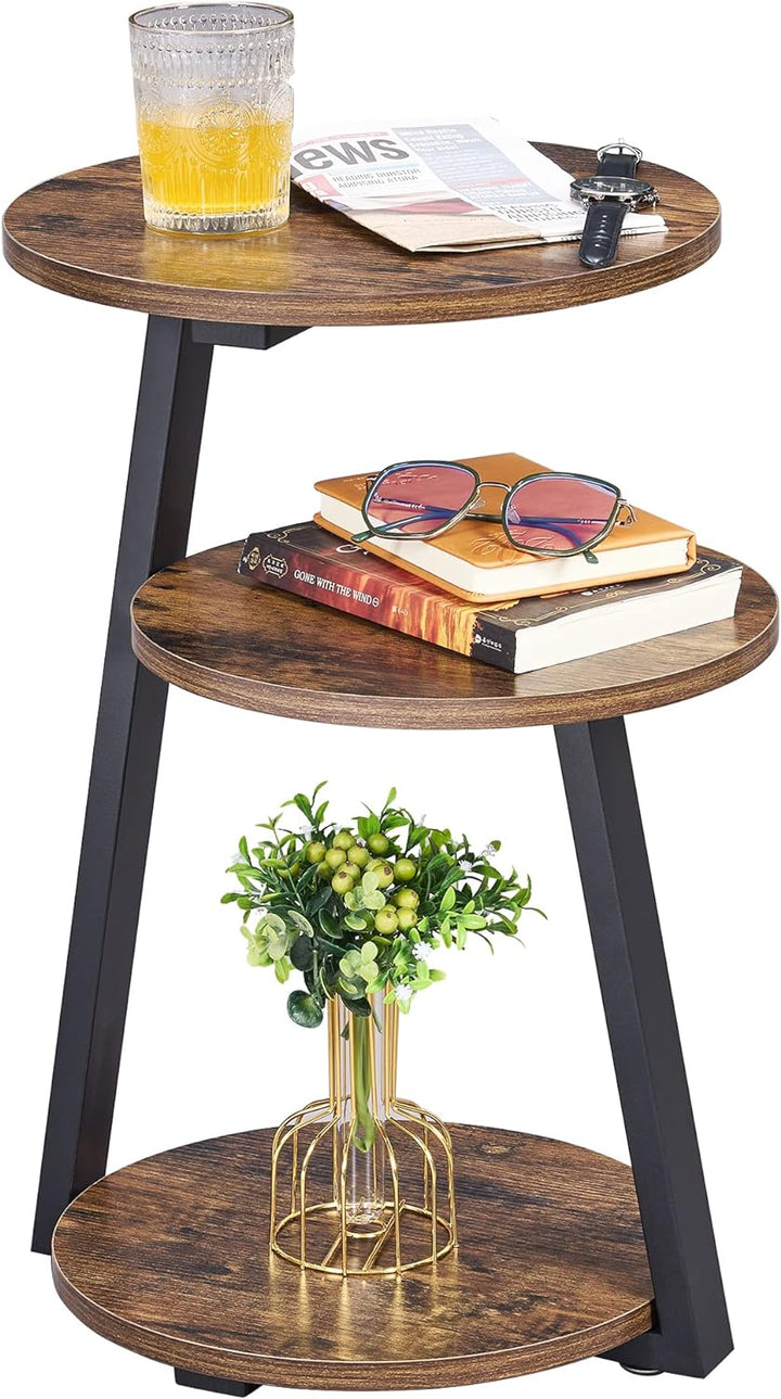 Round End Table 3-Tier Shelves Rustic Brown