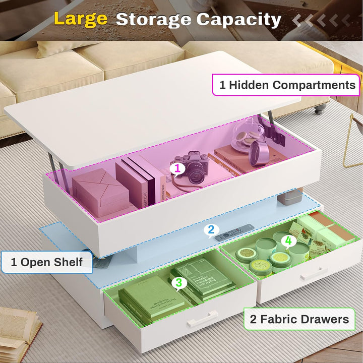 Lift Top Coffee Table with Storage and LED Light, White