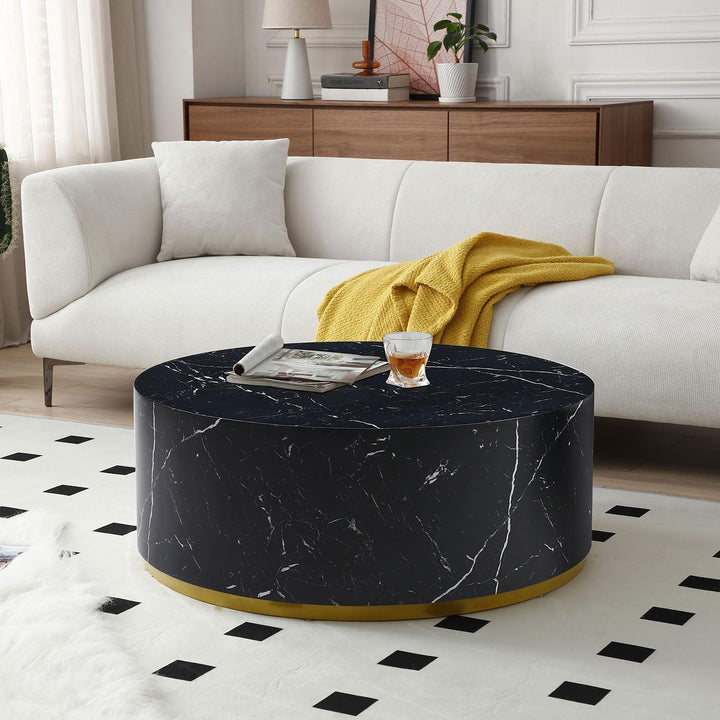 Modern Round Coffee Table with Gold Rim, Wooden Drum Circle