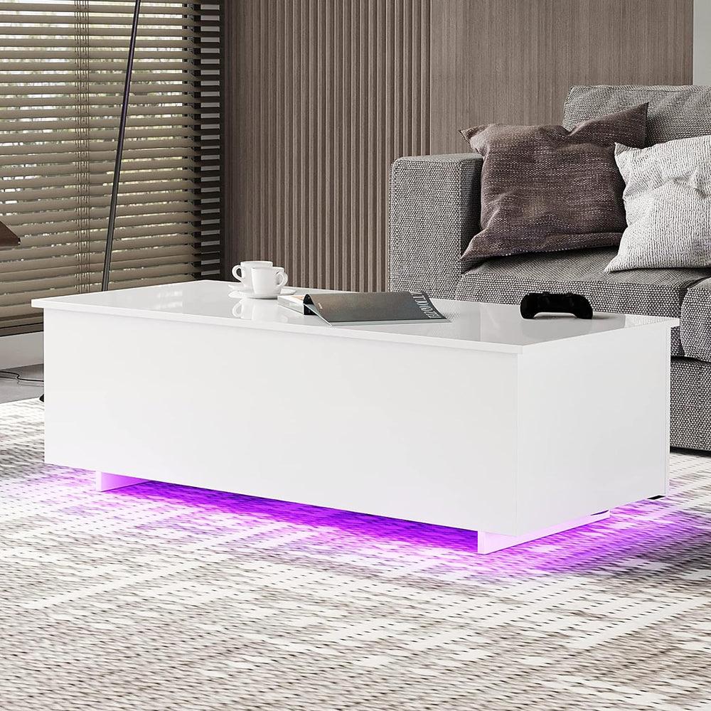 Elegant LED Coffee Table, 20 Colors, Lift-Top Storage, White