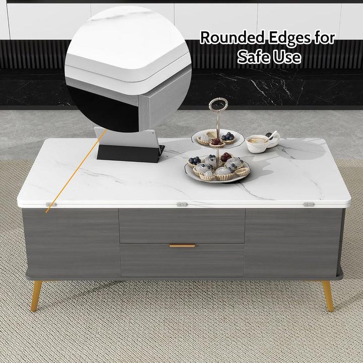 Merax Modern Lift Top Coffee Table, Convertible Dining, Grey & White