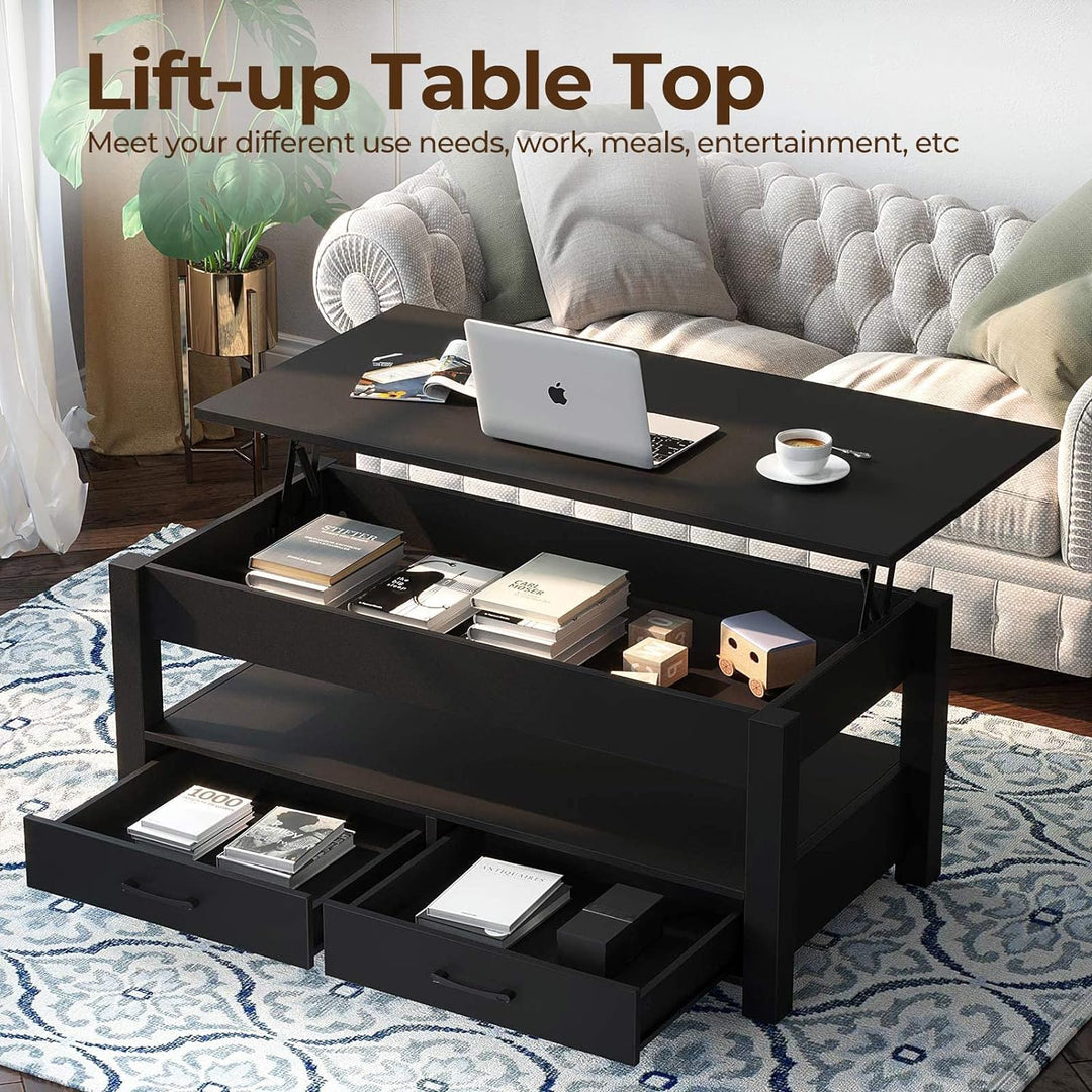 Lift Top Coffee Table with Drawers, Retro Central Table, Black