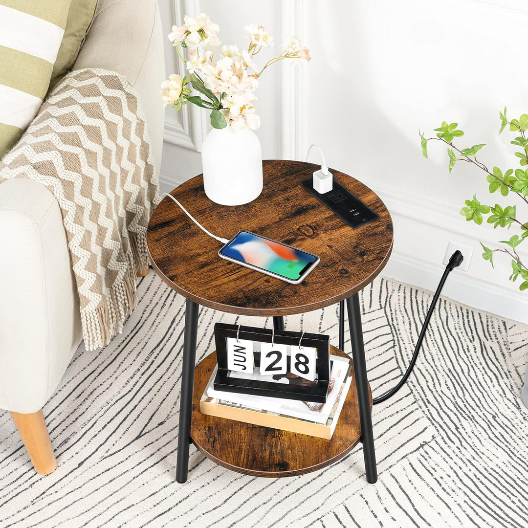 Round End Table w/ Charging Station, 2-Tier Rustic Brown