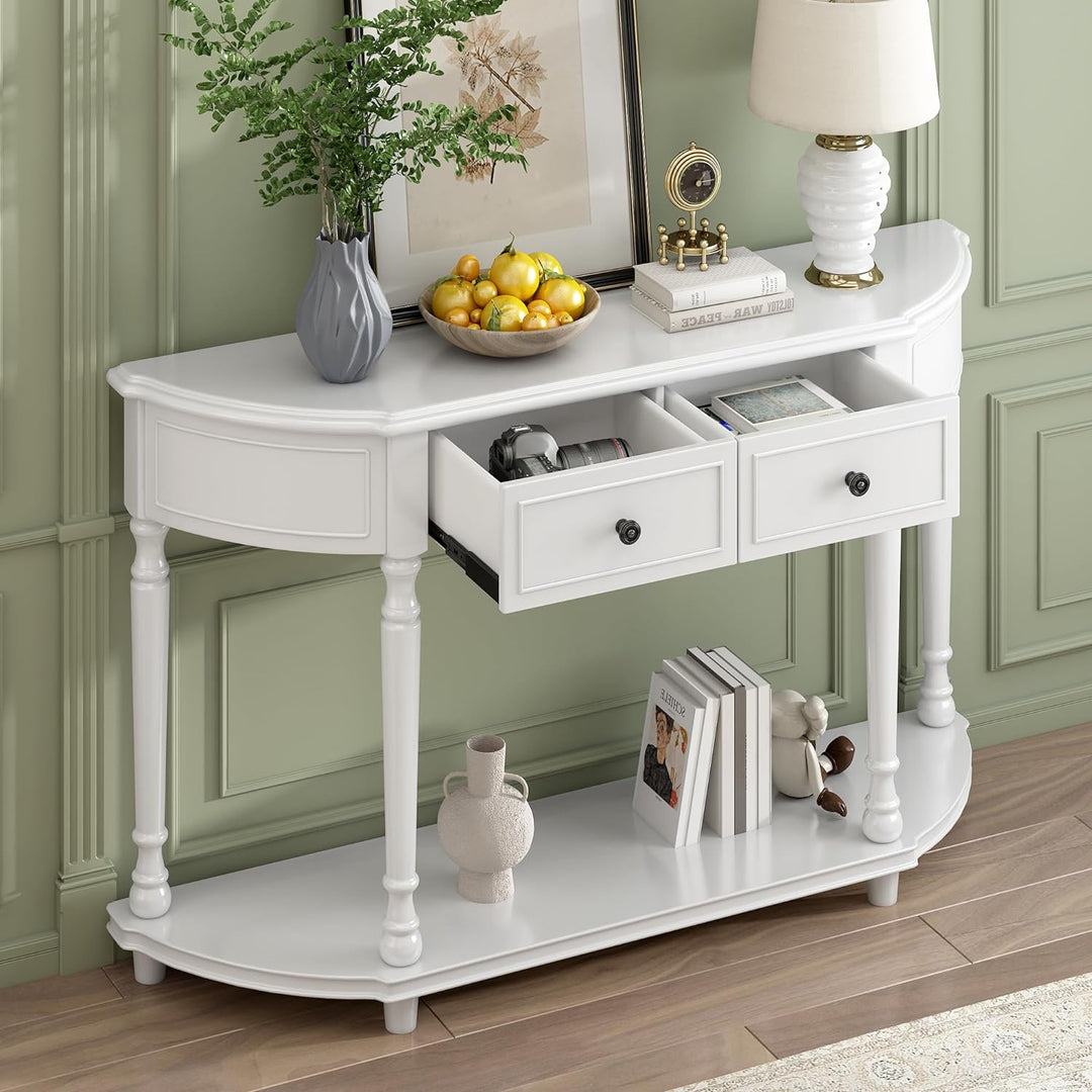 Retro Half Moon Entry Table, 2 Drawers, Shelf