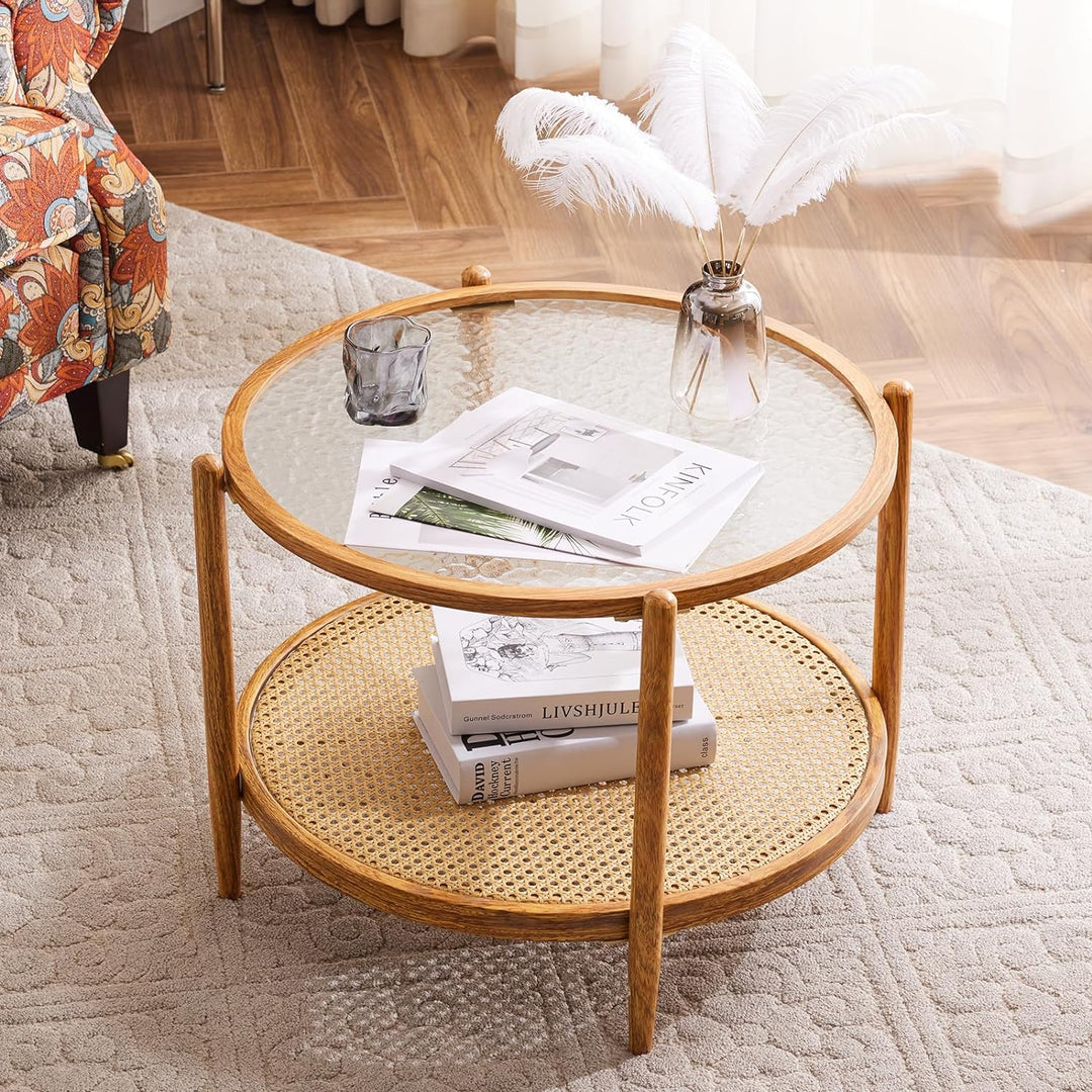 Rattan Coffee Table, Round Water-Wave Glass Metal, Waterwave-round Rattan Walnut