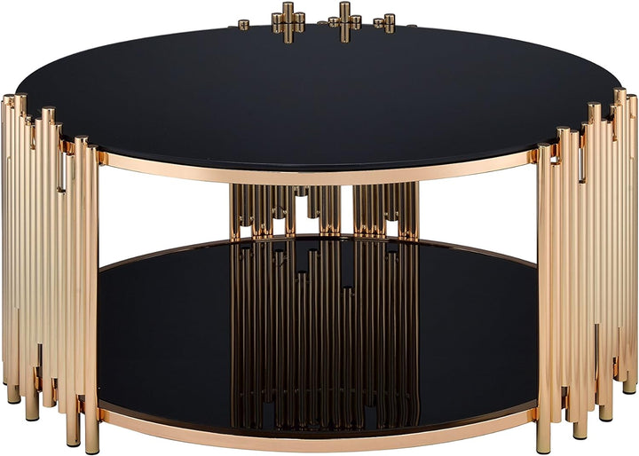 Elegant Farmhouse Coffee Table with Circular Glass Top, Black and Gold