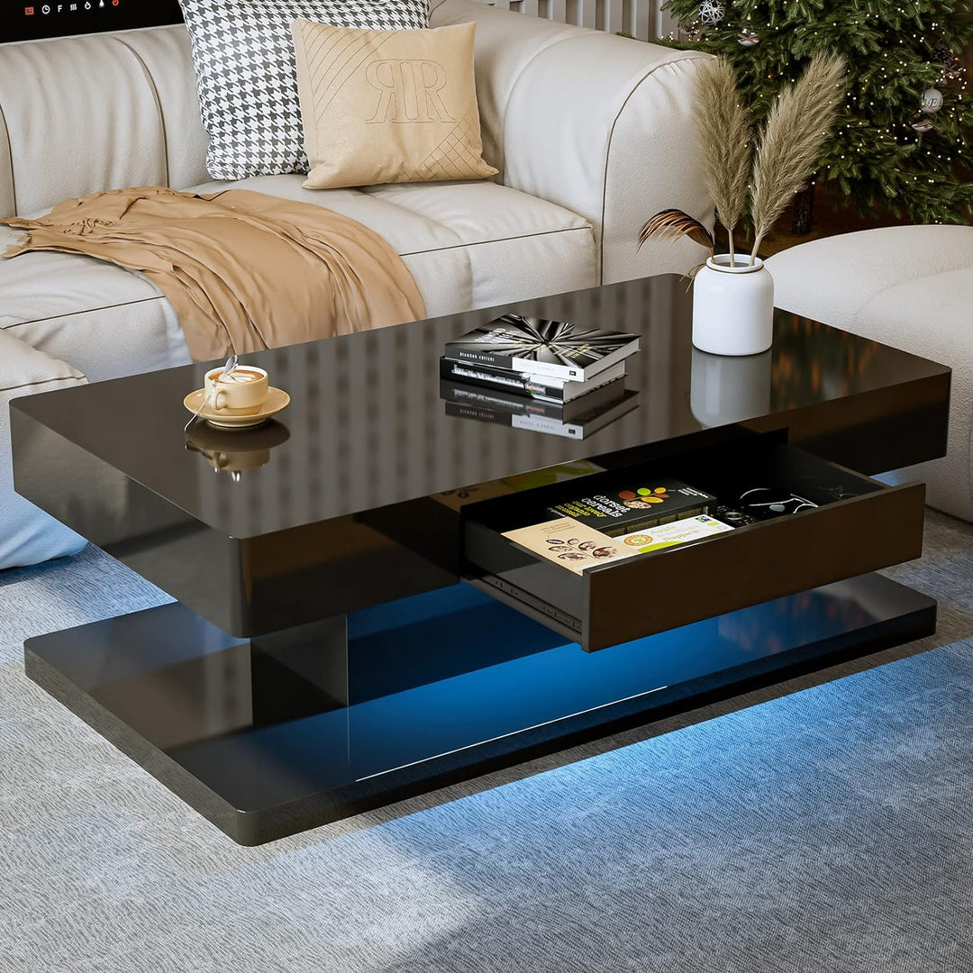 Modern LED Coffee Table with Drawer, Black High Glossy Rectangle Coffee End Table with 16 Color Lighting