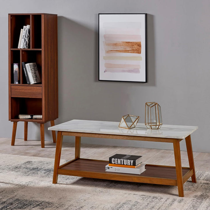 Wooden Coffee Table with Marble-Look Top, Walnut