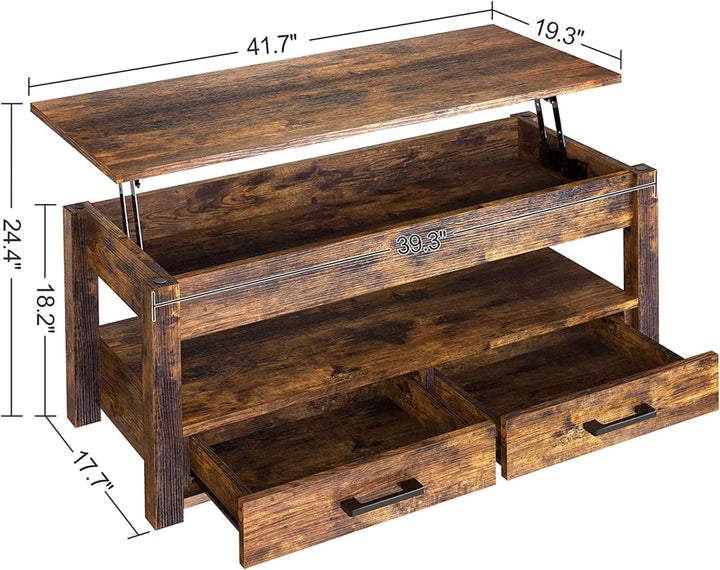 Lift Top Coffee Table with Storage Drawers, Rustic Brown