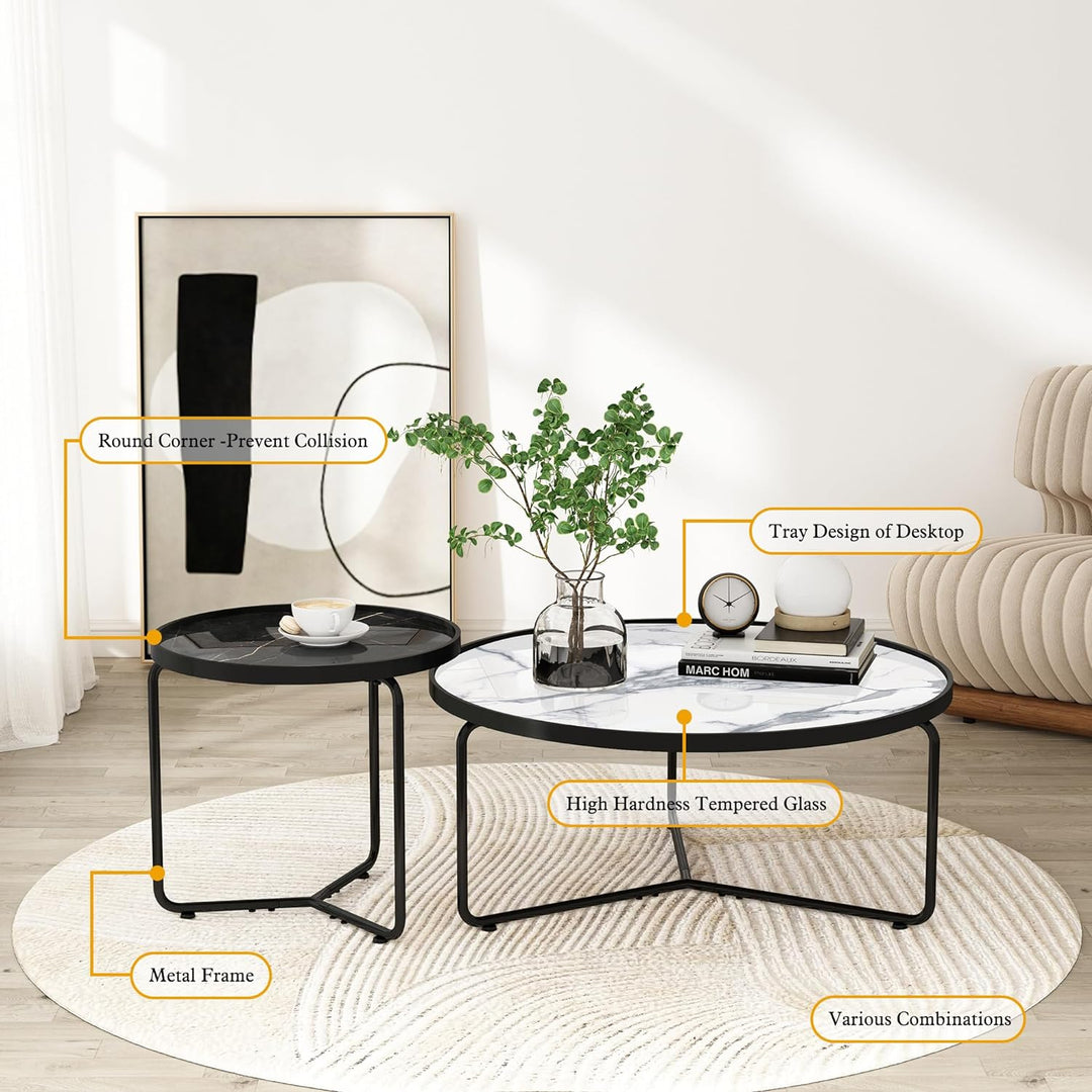 Stylish Glass Coffee Table Set, Black End Table, Modern Accent