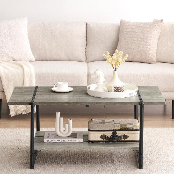 2-Tier Farmhouse 41" Gray Wood Coffee Table w/ Storage