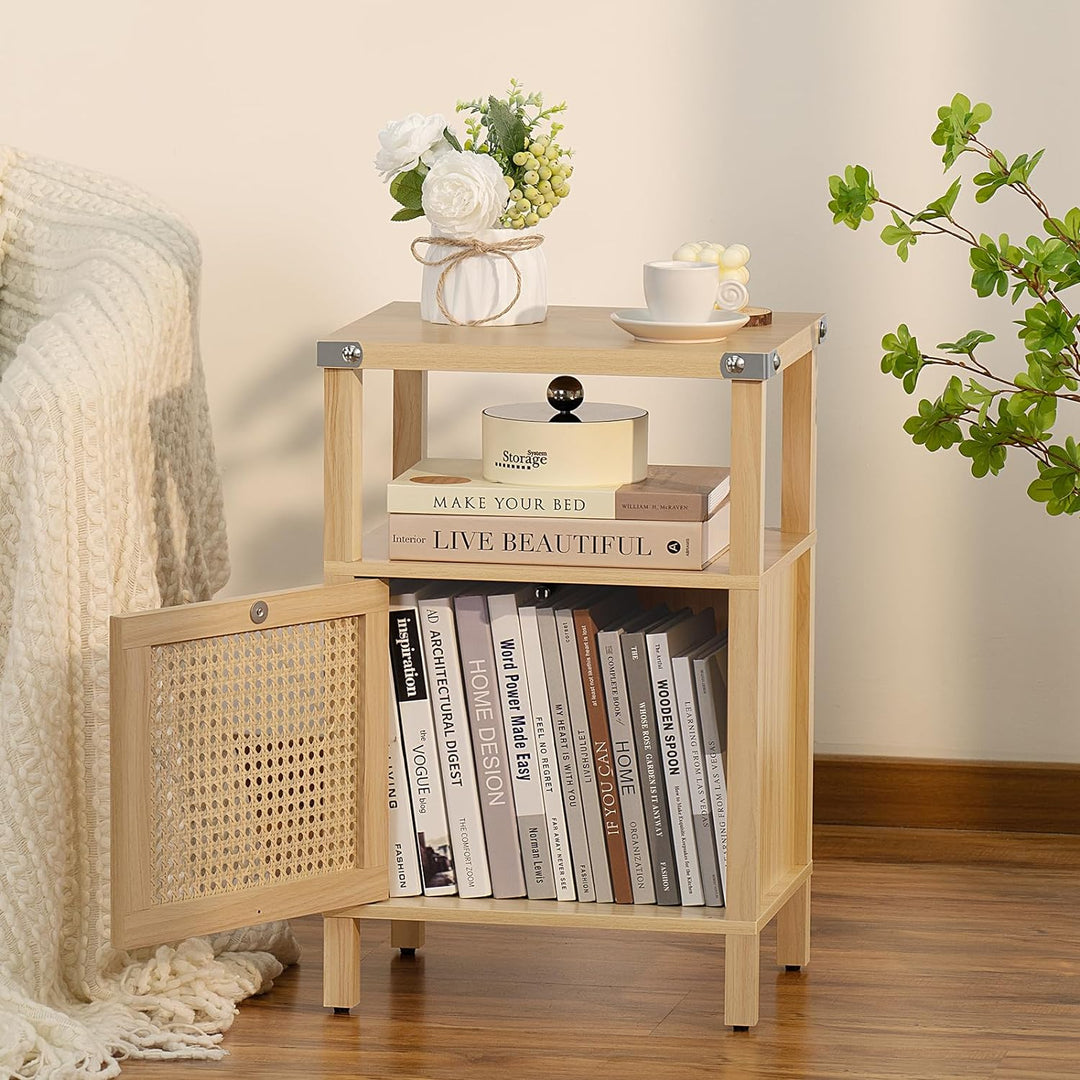 Rattan Nightstand, Boho Side End Table with Handmade Natural Rattan Decorated Door and Open Shelf, Wood Accent Night Stand with Storage, Bedside Tables for Bedroom, Living Room (Natural)