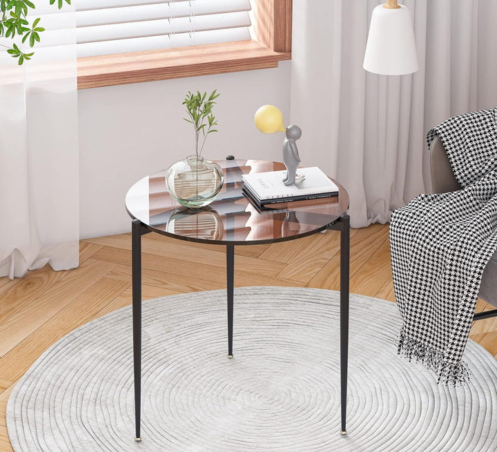 Modern Round End Table: 19.8" Glass Top, 3 Legs, Brown