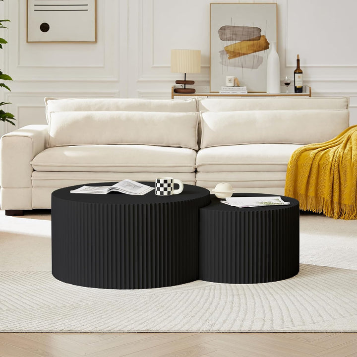 Set of 2 Nesting Coffee Tables, Matte Black, Round-Black