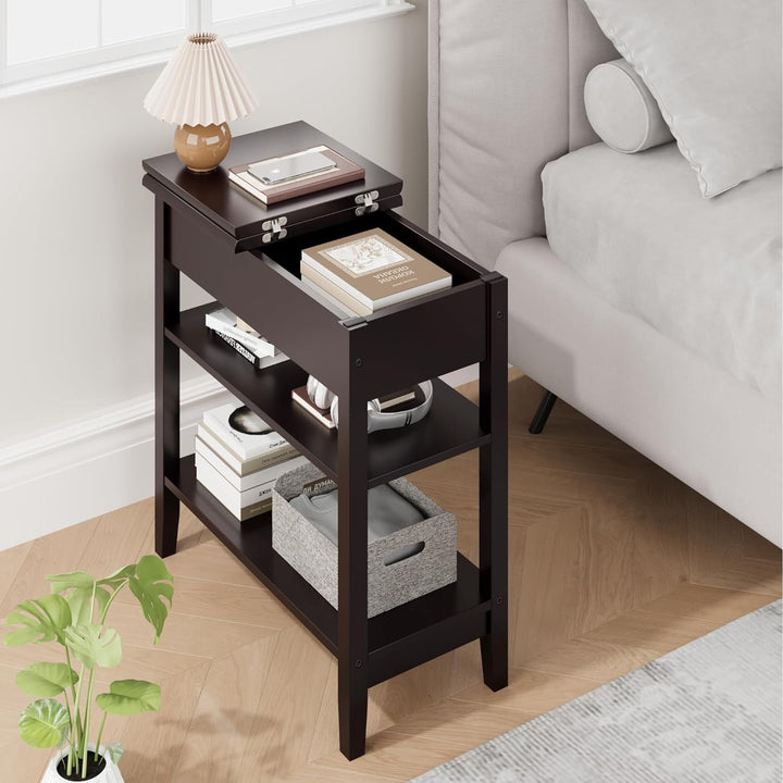 End Table, 3-Tier Flip Top Side Table, Narrow Nightstand