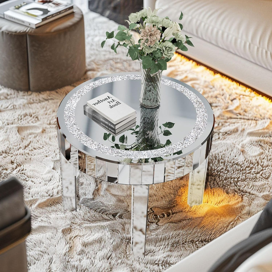 Round Mirrored Accent Table, Silver Mirror Glass Tabletop, Modern Coffee