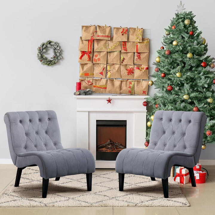 Armless Accent Chair Set of 2, Upholstered Button Tufted Living Room Chairs, Grey