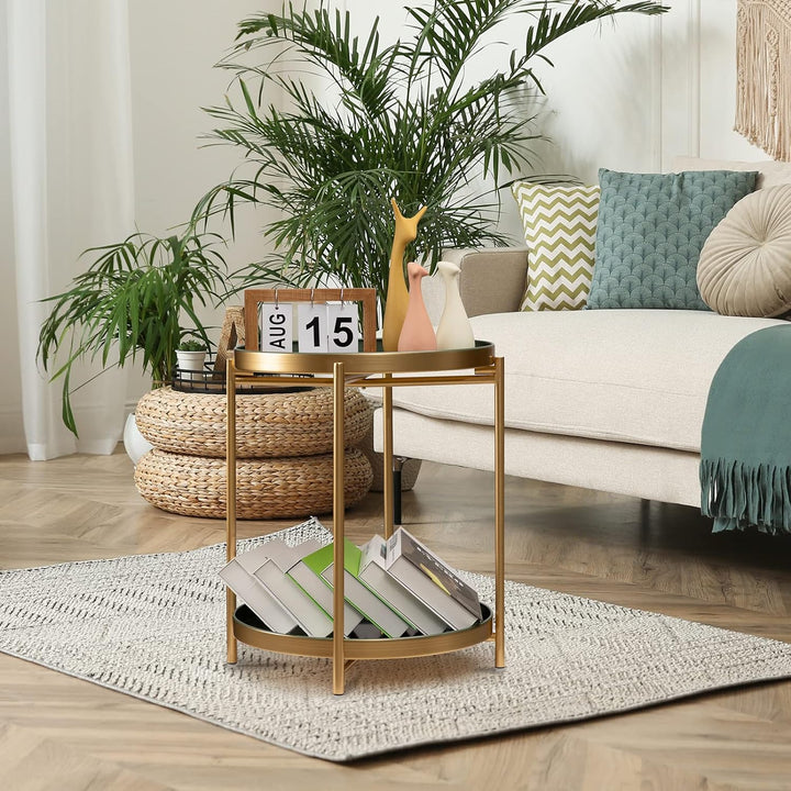 2 Tier Gold Side Table, Folding Round Metal End