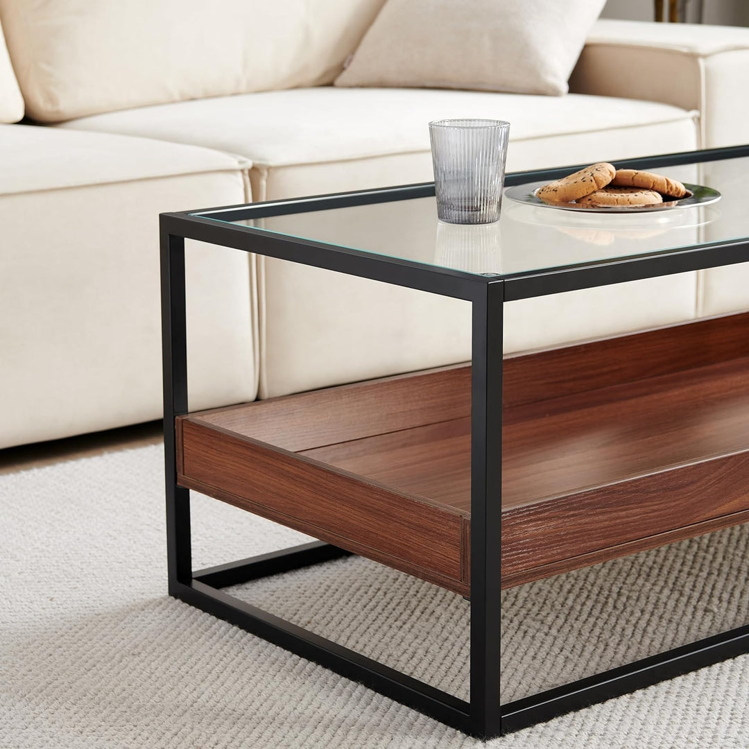 Dual-Layer Glass Coffee Table, Walnut Wood Panels, Black Frame