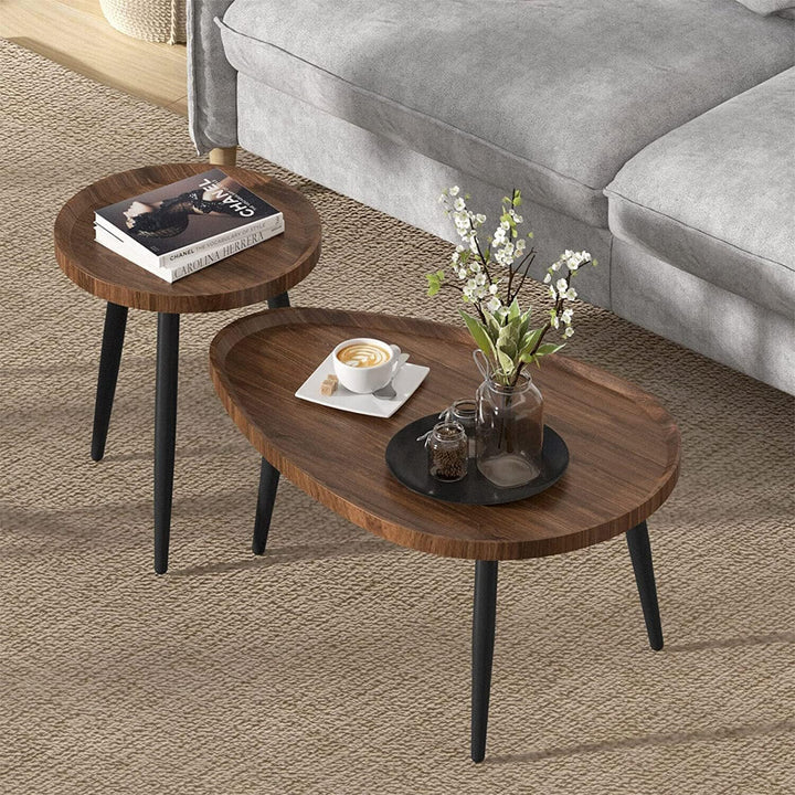 Nesting Coffee Table Set, Mid-Century Oval Tables - Brown