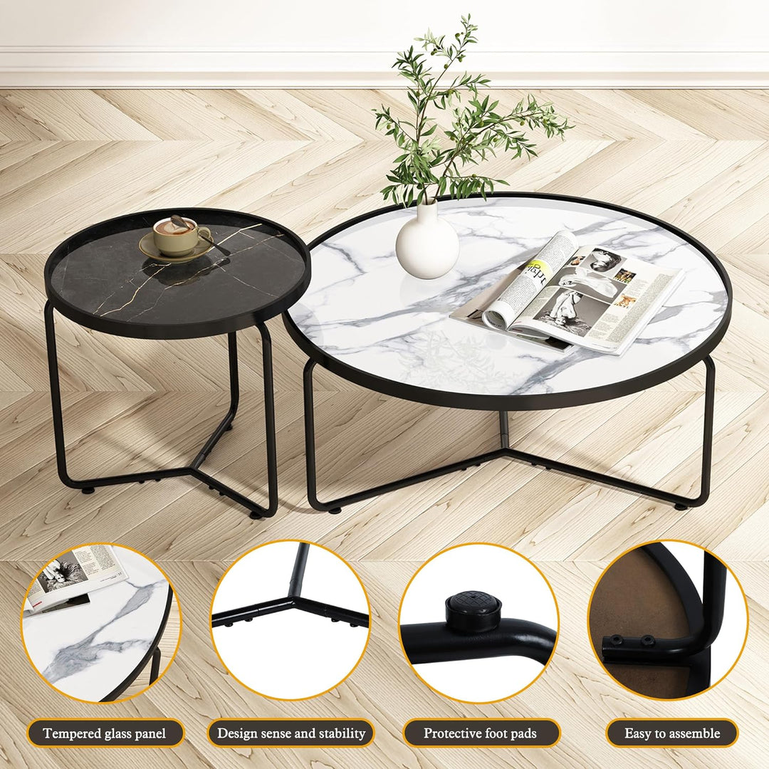 Stylish Glass Coffee Table Set, Black End Table, Modern Accent