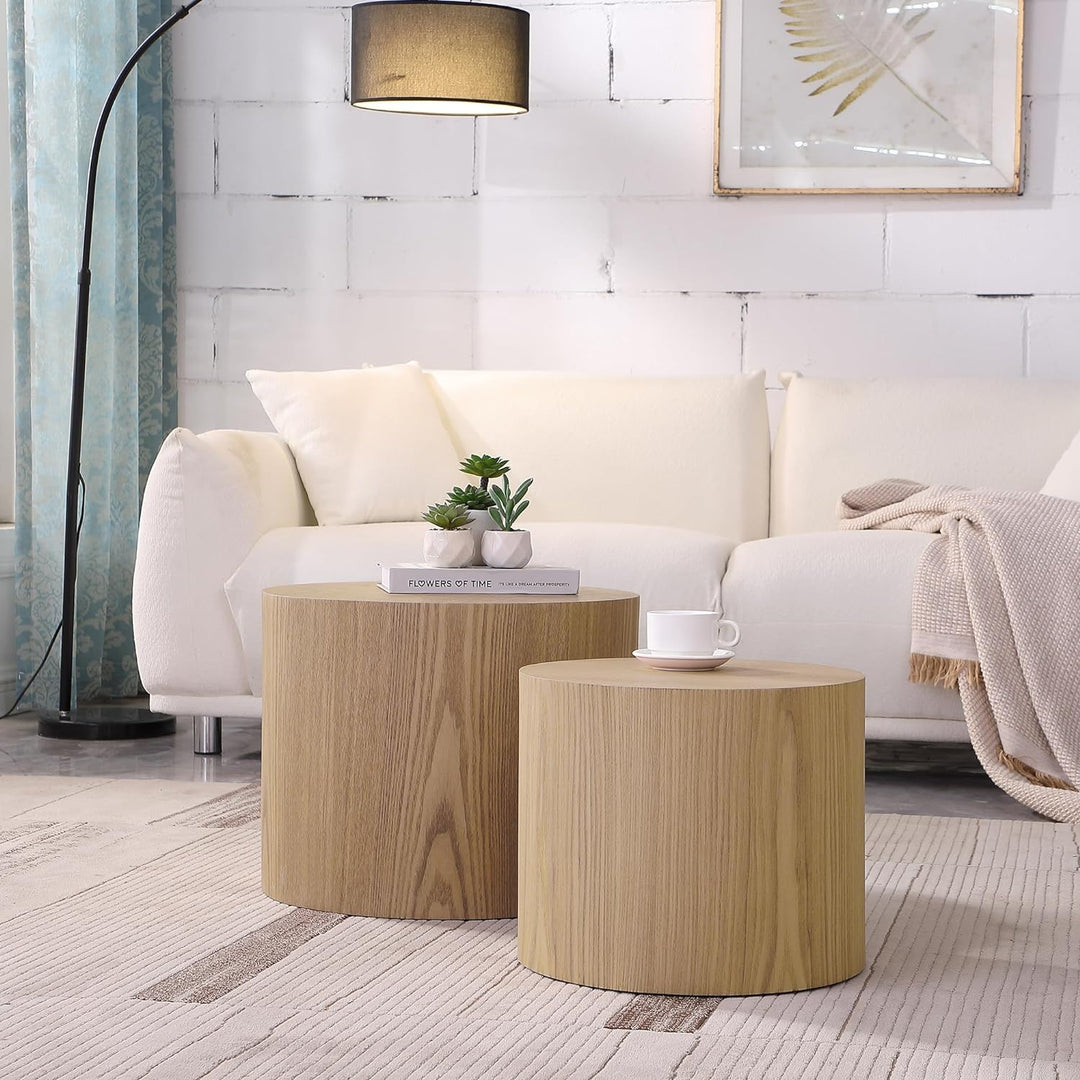 Modern Round Coffee Table Set, Wooden Circle Side Table, Round-oak