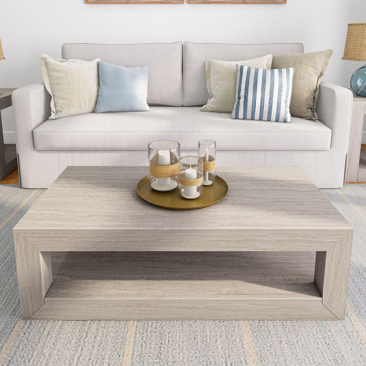 Rectangular Modern Coffee Table with Shelf, Solid Wood, Seashell Wirebrush