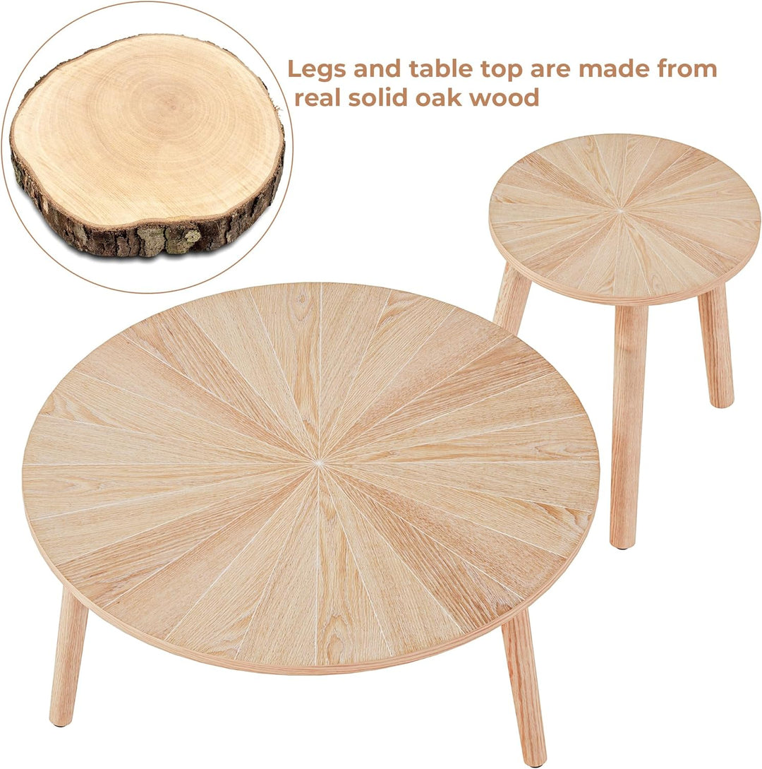 Solid Wood Round Coffee Table Set, Small Oak Farmhouse Circle Coffee Tables, Nature Wood